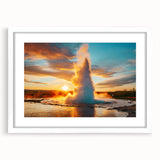Framed wall art featuring a vibrant geyser landscape design, showcasing rich colors and intricate details, with a white mat and sleek frame for modern decor.
