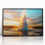 Framed acrylic wall art depicting a vibrant landscape with a geyser, showcasing rich colors and intricate details, perfect for modern home decor.