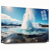 Acrylic glass wall art showcasing a stunning geyser landscape design, viewed from the side, highlighting vibrant colors and unique textures, perfect for modern decor.