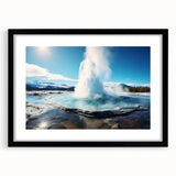 Black-framed wall art featuring a stunning geyser landscape design, showcasing vibrant colors and natural elements, perfect for modern home decor.