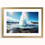 Elegant framed wall art featuring a stunning geyser design in gold tones, showcasing intricate details and a mat border, perfect for home decor. Ideal for nature enthusiasts seeking a vibrant landscape piece to enhance their space.