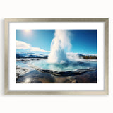 Framed wall art featuring a geyser landscape design with a silver mat, showcasing vibrant colors and intricate details, perfect for home decor enhancement.