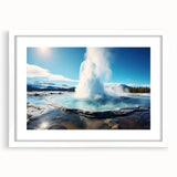 Framed white wall art showcasing a vibrant abstract landscape design with a geyser theme, featuring a mat for added elegance, perfect for home decor.