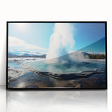 Framed acrylic wall art featuring a striking geyser design, showcasing vibrant colors and intricate details, perfect for modern home decor. The black frame adds elegance to this captivating landscape piece, enhancing any interior space.