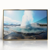 Framed acrylic wall art featuring a geyser landscape design with vibrant colors and a gold frame, perfect for enhancing modern home decor.