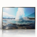 Framed wall art featuring a vibrant geyser landscape design, with a sleek silver frame emphasizing the colorful acrylic print, perfect for modern decor.