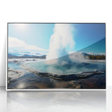 Framed acrylic wall art showcasing a vibrant geyser landscape design with white borders, ideal for modern home decor and art enthusiasts. The piece combines vivid colors and intricate details to enhance any living space.