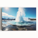 Stretched canvas wall art featuring a vibrant geyser landscape design in rich blues and greens, perfect for enhancing home decor with natural beauty.