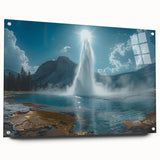 Acrylic glass wall art featuring a vibrant geyser landscape design, showcasing colorful elements and intricate details, ideal for modern home decor.