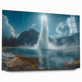 Acrylic glass wall art featuring a stunning landscape design of a geyser, showcasing vibrant colors and intricate details, perfect for modern home decor.