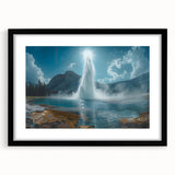 Framed wall art featuring a striking geyser landscape design in a black frame with a mat, perfect for home decor and enhancing interior aesthetics.