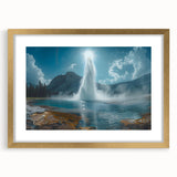 Gold-framed wall art featuring a geyser landscape design, showcasing vivid colors and intricate details, perfect for enhancing modern home decor.