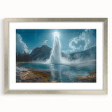 Framed wall art featuring a stunning geyser landscape design, highlighted with a silver mat, showcasing vibrant colors and intricate details in a modern aesthetic.