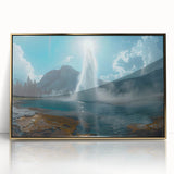 Framed wall art featuring a stunning landscape design with a vibrant geyser, set in a chic gold frame, perfect for enhancing modern home decor.