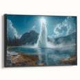 Framed canvas artwork showcasing a vibrant geyser landscape design with rich colors and intricate details, viewed from the side against a neutral backdrop.