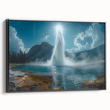 Framed canvas artwork showcasing a vibrant geyser landscape design with rich colors and intricate details, viewed from the side against a neutral backdrop.