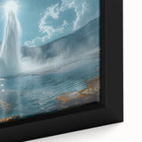 Close-up view of a framed canvas artwork showcasing a vibrant geyser landscape design. The colorful, textured surface highlights the dynamic natural scenery, perfect for home decor.