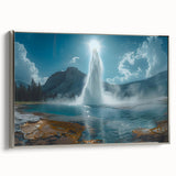 Framed canvas wall art featuring a stunning geyser landscape design, elegantly displayed with a silver frame, perfect for enhancing modern decor.