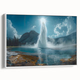 Framed canvas wall art showcasing a serene landscape with a geyser, designed with vibrant colors and intricate details, ideal for modern home decor.