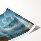 Rolled print of a vibrant geyser landscape in rich blues and greens, showcasing a dramatic natural scene, ideal for home decor enthusiasts and art collectors.