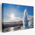 Stretched canvas wall art showcasing a vibrant blue and green geyser landscape design, perfect for adding a natural touch to home decor. Ideal for nature enthusiasts and art lovers alike.