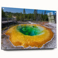Acrylic glass wall art featuring a geyser landscape design, showcasing vibrant colors and intricate details, mounted with pins for easy display. Ideal for modern home decor.
