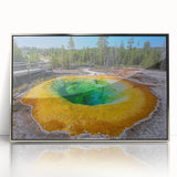 Framed acrylic wall art featuring a stunning geyser landscape design, showcasing vibrant blues and greens, perfect for enhancing modern home decor with a touch of nature.