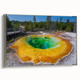 Framed canvas wall art depicting a stunning geyser landscape design in shades of blue and silver, showcasing intricate details and a modern aesthetic, ideal for home decor.