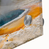 Close-up of a vibrant acrylic glass wall art piece from the Geyser Design 16 collection, showcasing intricate landscape details and vivid colors, perfect for modern decor.