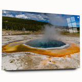 Acrylic glass wall art featuring a vibrant geyser landscape design, showcasing vivid colors and intricate details, mounted with pins for easy display.