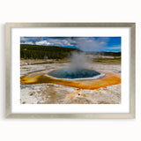 Silver-framed wall art featuring a geyser landscape design, elegantly matted for a sophisticated presentation, ideal for enhancing home decor with nature themes.