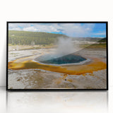 Framed acrylic wall art featuring a vibrant geyser landscape design, with a sleek black frame, perfect for modern home decor. Ideal for nature enthusiasts.
