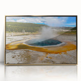 Framed acrylic wall art featuring a vibrant geyser landscape design in gold tones, ideal for modern home decor. Perfect for adding a touch of elegance to any room.