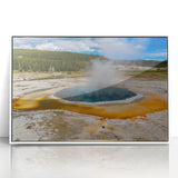 Framed acrylic wall art featuring a vibrant geyser landscape design, showcased in a sleek white frame, enhancing modern decor with nature-inspired elements.