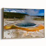 Framed canvas wall art showcasing a stunning geyser landscape design in gold tones, ideal for home decor. The artwork features rich textures and intricate details, enhancing any living space. Perfect for art enthusiasts looking to add a touch of nature-inspired elegance.