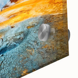 Close-up view of a vibrant acrylic glass wall art piece showcasing a colorful geyser landscape design, highlighting intricate details and rich textures. Perfect for modern home decor.