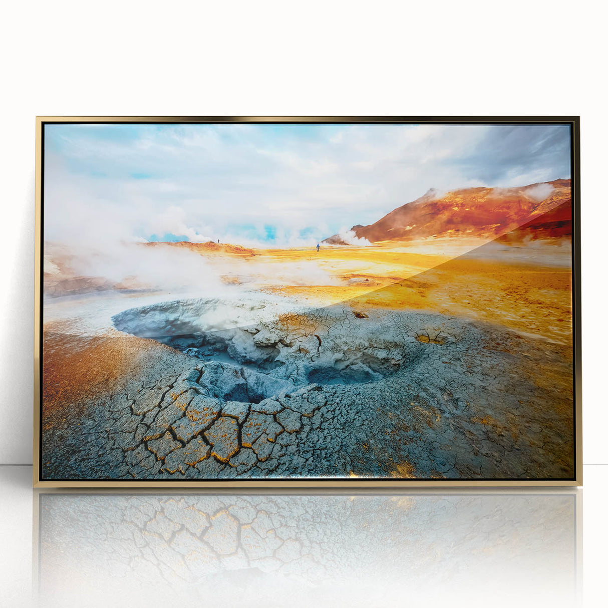 Framed acrylic wall art featuring a stunning geyser design in vibrant gold tones, perfect for enhancing modern interior decor. Ideal for nature and travel enthusiasts.