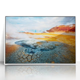 Framed wall art featuring a vibrant geyser landscape design with acrylic finish, set in a sleek white frame, ideal for modern home decor.