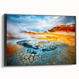 Framed wall art featuring a striking geyser landscape design, showcasing vivid colors with a black frame. Ideal for enhancing modern home decor and artistic ambiance.