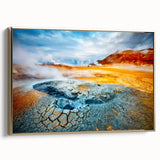 Framed canvas wall art featuring a stunning geyser design, showcasing vibrant colors and intricate details, with a luxurious gold frame enhancing its elegance. Ideal for modern decor, this piece adds a touch of nature-inspired beauty to any space.