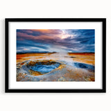 Framed wall art featuring a stunning geyser landscape design, presented in a sleek black frame with a white mat, perfect for home decor enhancement.
