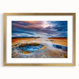 Framed wall art featuring a stunning geyser landscape design with a gold matting, ideal for home decor. Perfect for enhancing modern interiors.