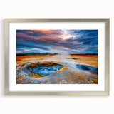 Framed silver wall art featuring a stunning geyser landscape design, elegantly matted for a refined look, perfect for home decor and art enthusiasts.