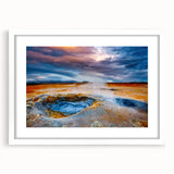 Framed wall art featuring a stunning geyser landscape design in a sleek white frame with a mat, perfect for enhancing home decor with natural beauty.