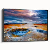 Framed wall art piece showcasing a stunning geyser landscape design in vibrant colors, featuring a sleek black frame, ideal for enhancing modern home decor.