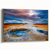 Framed canvas wall art featuring a vibrant geyser design in gold tones, showcasing intricate details and textures, perfect for enhancing modern home decor.