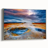 Framed canvas wall art showcasing a stunning geyser landscape design, featuring vibrant colors and intricate details, elegantly displayed with a silver frame for enhanced decor.