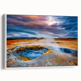 Framed canvas wall art featuring a vibrant geyser landscape design, showcased with a white frame, perfect for modern home decor with a serene natural theme.