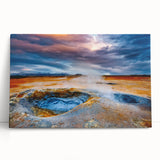 Colorful stretched canvas wall art featuring a geyser landscape design, showcasing vibrant blues and greens, perfect for enhancing modern home decor and artistic flair.