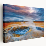 Stretched canvas wall art showcasing a vibrant geyser landscape design, featuring rich colors and dynamic textures, perfect for home decor and artistic expression.